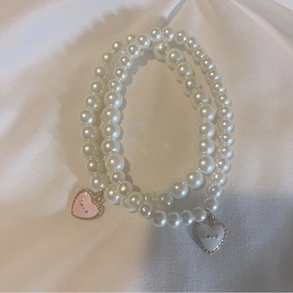 Pearl Stretch Charm Bracelets Handmade White Pink 2 - Picture 3 of 12